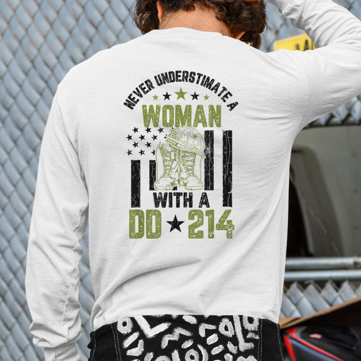 Never Underestimate A Woman Veteran Veterans Day Graphic Veteran Back Print Long Sleeve T-shirt