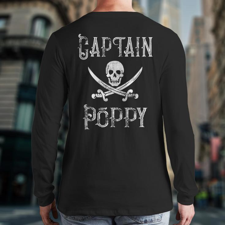 Captain Poppy Retro Personalized Pirate Pontoon Grandpa Back Print Long Sleeve T-shirt