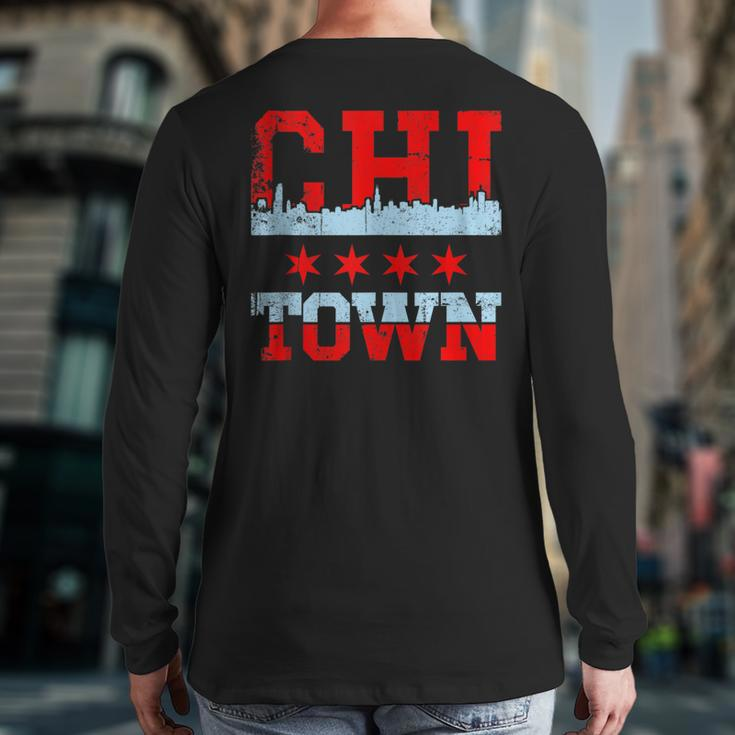 Chi Town Chicago Souvenir Skyline Flag Back Print Long Sleeve T-shirt