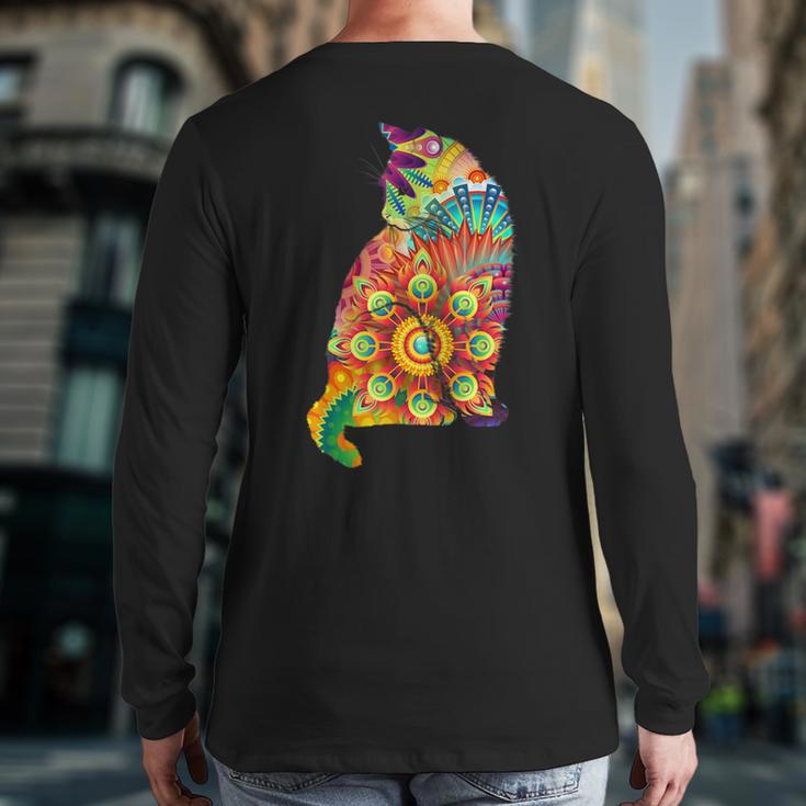 Colorful Cat Lover Feline Psychedelic Abstract Hippy Back Print Long Sleeve T-shirt