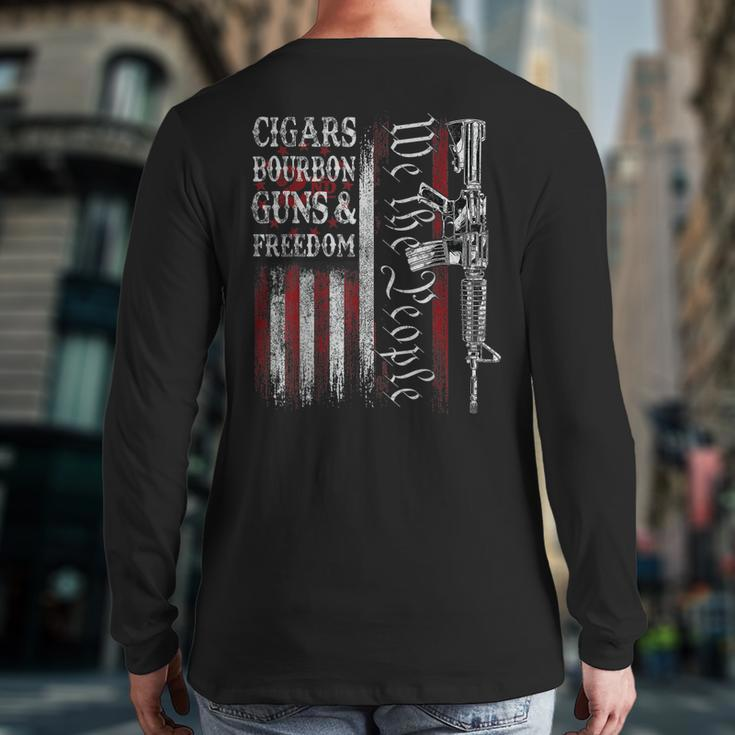 Dad Grandpa Veteran Us Flag Cigars Bourbon Guns Freedom Back Print Long Sleeve T-shirt