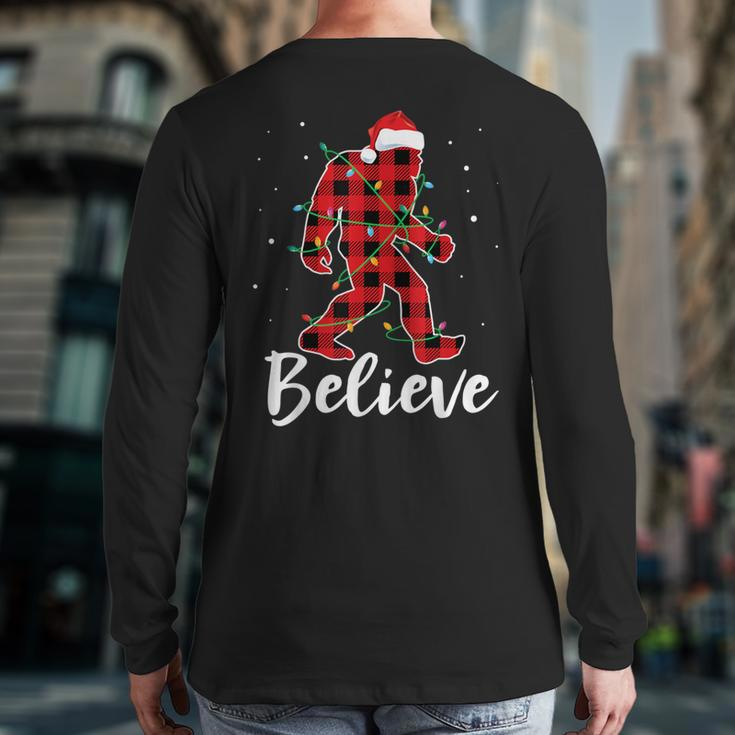 Believe Plaid Bigfoot Christmas Light Sasquatch Santa Back Print Long Sleeve T-shirt