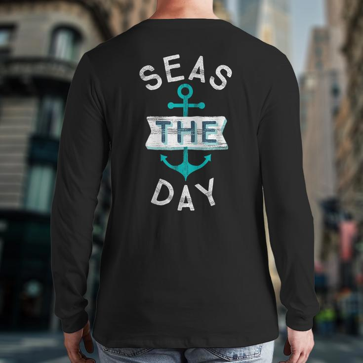Cruise Saying Seas Day Teal Nautical Anchor Back Print Long Sleeve T-shirt
