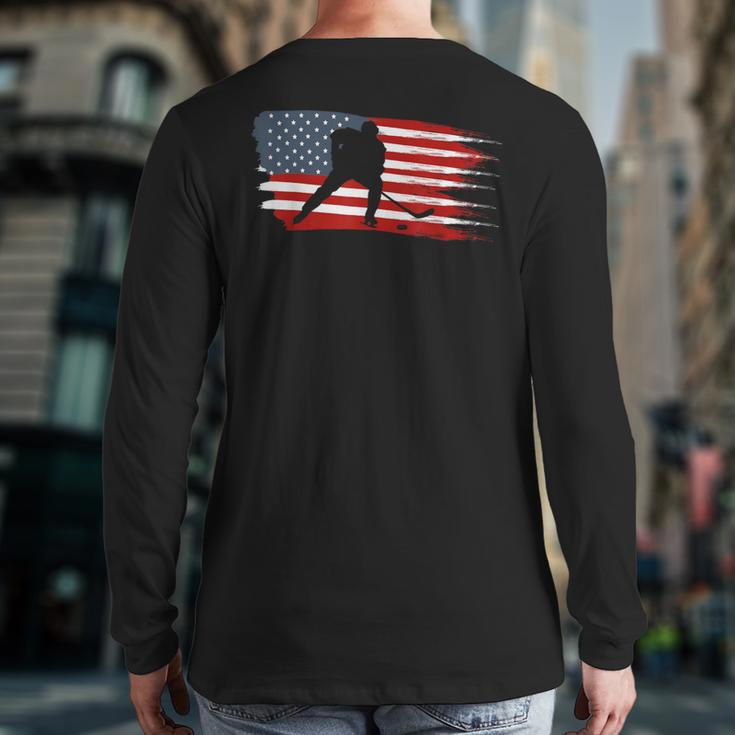 Hockey Usa Flag American Flag Patriotic Ice Hockey Back Print Long Sleeve T-shirt