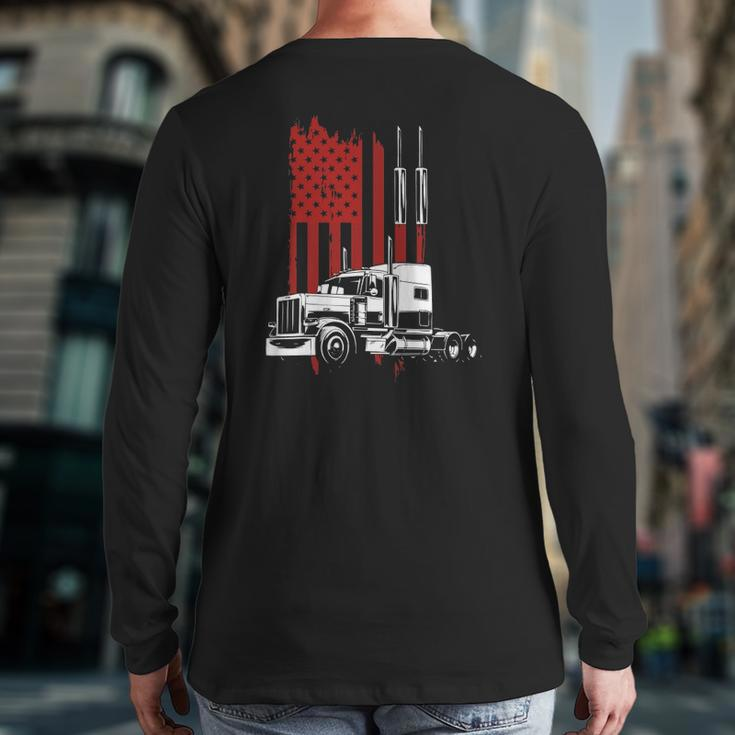 Mens Trucker American Flag Patriotic Truck Driver 4Th Of July Back Print Long Sleeve T-shirt
