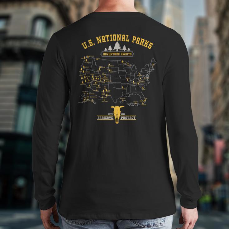 National Parks Map Vintage American Hiking Camping Back Print Long Sleeve T-shirt