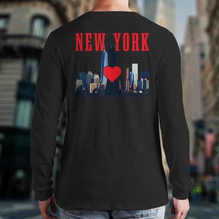 New York City Nyc Ny Skyline Statue Of Liberty Heart Back Print Long Sleeve T-shirt