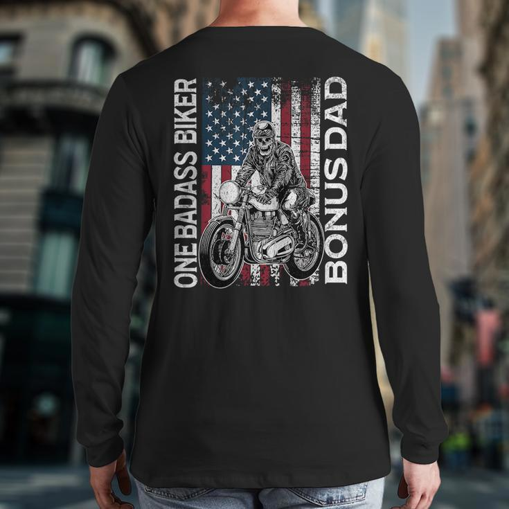 One Badass Biker Bonus Dad Grunge American Flag Skeleton For Dad Back Print Long Sleeve T-shirt