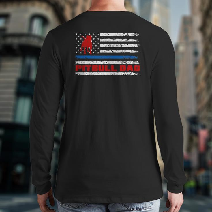 Pitbull Dad Mens Proud American Pit Bull Dog Flag Back Print Long Sleeve T-shirt