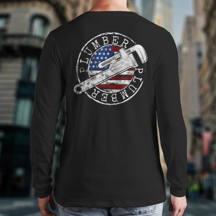 Plumber American Flag Plumbing Usa Patriot Stamp Style Back Print Long Sleeve T-shirt