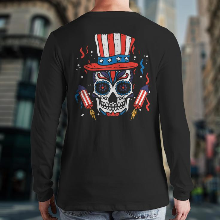Sugar Skull Us Flag Hat Fourth 4Th Of July Patriotic Mexican Back Print Long Sleeve T-shirt