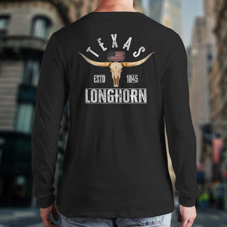 Texas 1845 Vintage With Longhorn Cattle Breed Fan Back Print Long Sleeve T-shirt