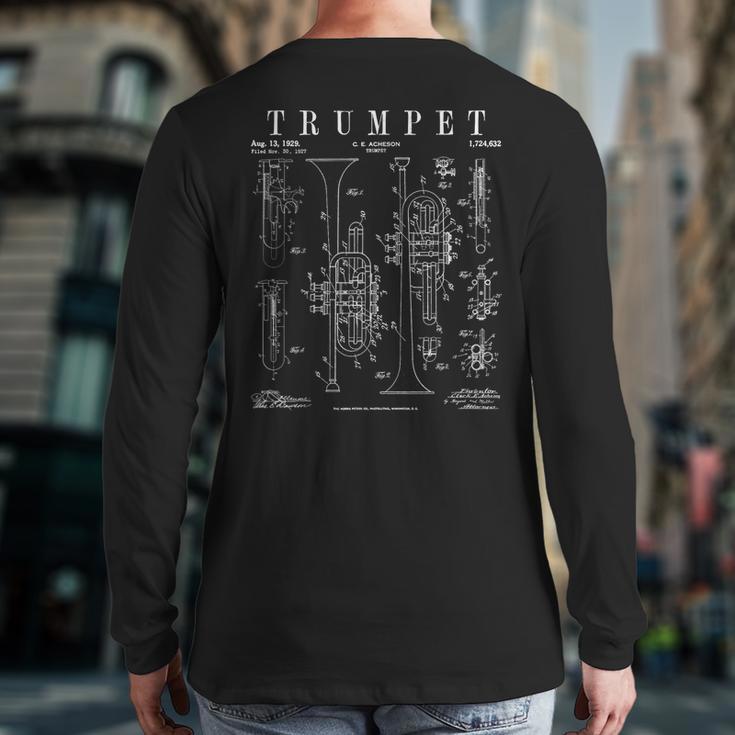 Trumpet Vintage Patent Trumpetist Drawing Print Back Print Long Sleeve T-shirt