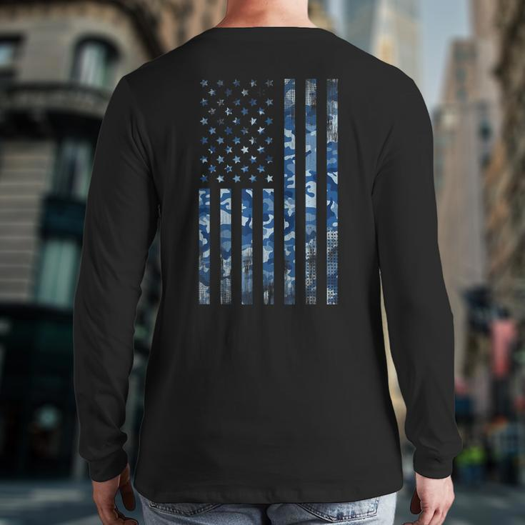 Us Navy Camo Veteran American Flag Military Blue Back Print Long Sleeve T-shirt