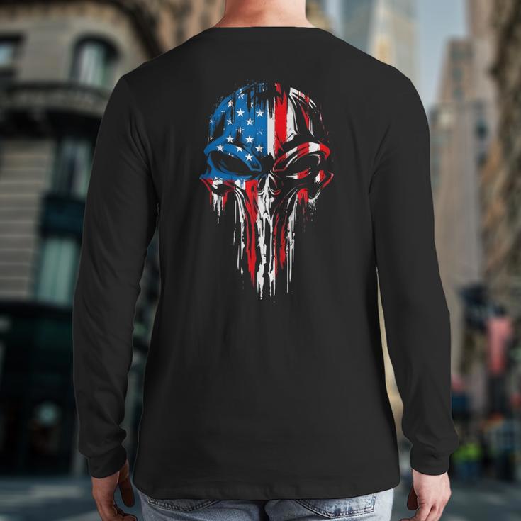 Usa Military American Skull Flag Patriotic 4Th July Mens Back Print Long Sleeve T-shirt