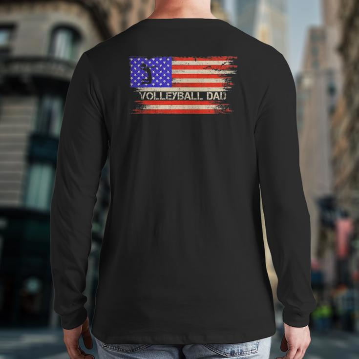 Vintage Usa American Flag Proud Volleyball Dad Silhouette Back Print Long Sleeve T-shirt