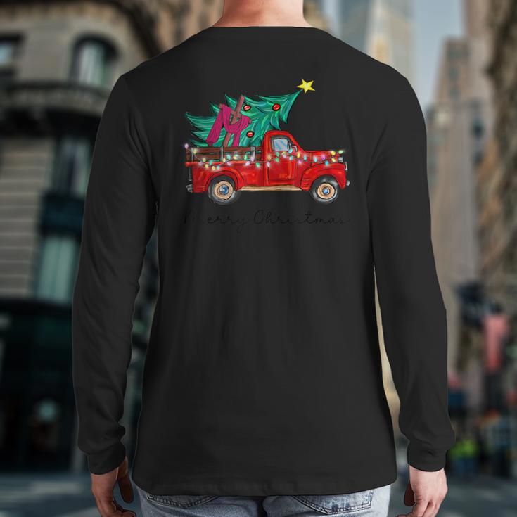 Vintage Wagon Red Truck Christmas Tree Pajama Xmas Back Print Long Sleeve T-shirt