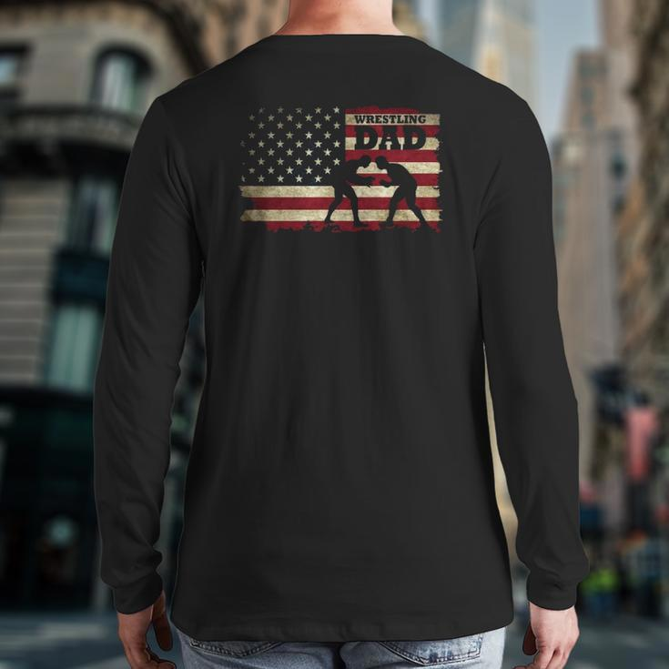 Wrestling Dad American Flag Back Print Long Sleeve T-shirt