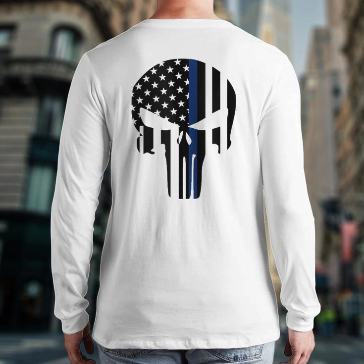 Blue Line American Skull Flag Support Police Back Print Long Sleeve T-shirt
