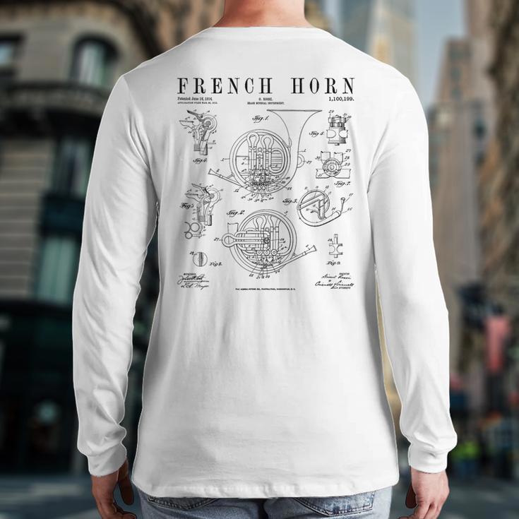 French Horn Old Vintage Antique Patent Drawing Print Back Print Long Sleeve T-shirt