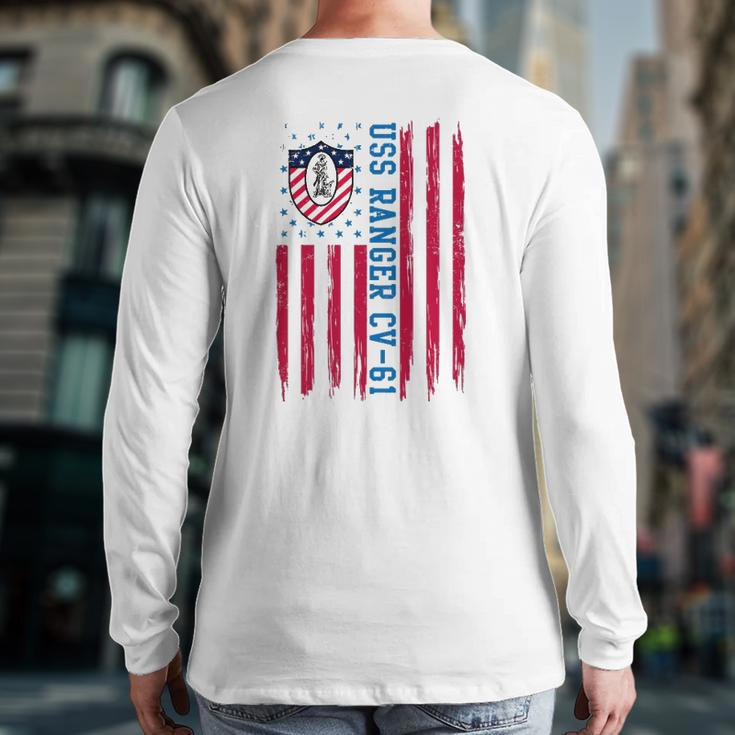 Uss Ranger Cv 61 American Flag Aircraft Carrier Veterans Day Back Print Long Sleeve T-shirt