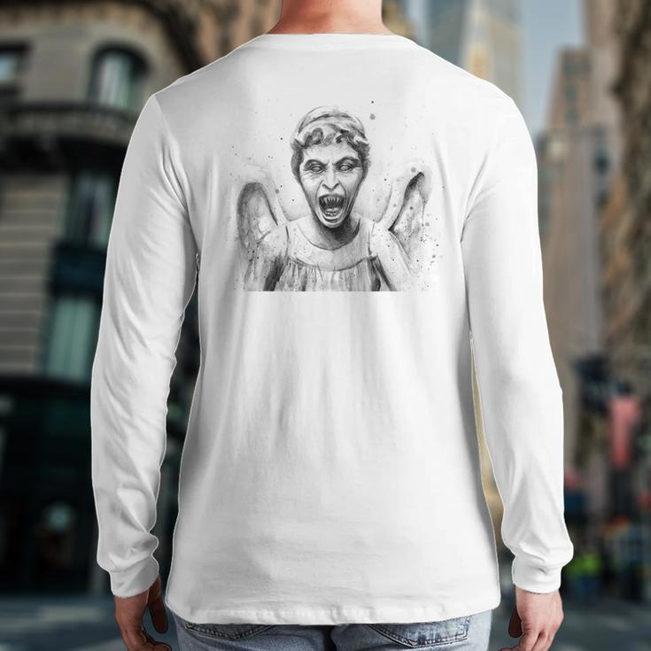 Weeping Angel Watercolor Sci-Fi Scary Don't Blink Back Print Long Sleeve T-shirt