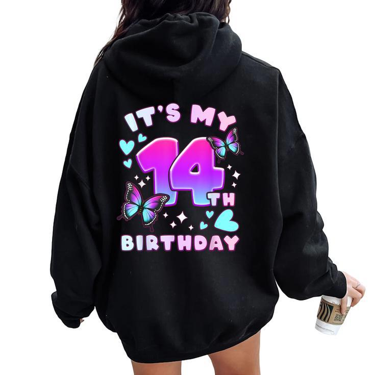 14Th Birthday Girl 14 Years Butterflies And Number 14 Women Oversized Hoodie Back Print