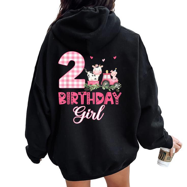 2Nd Birthday Outfit Girl Two Year Old Farm Cow Pig Tractor Women Oversized Hoodie Back Print