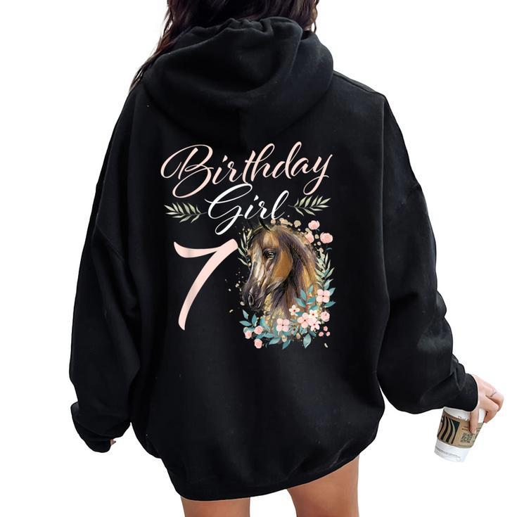 7Th Birthday Girl Horse Lover 7 Years Old Bday Women Oversized Hoodie Back Print