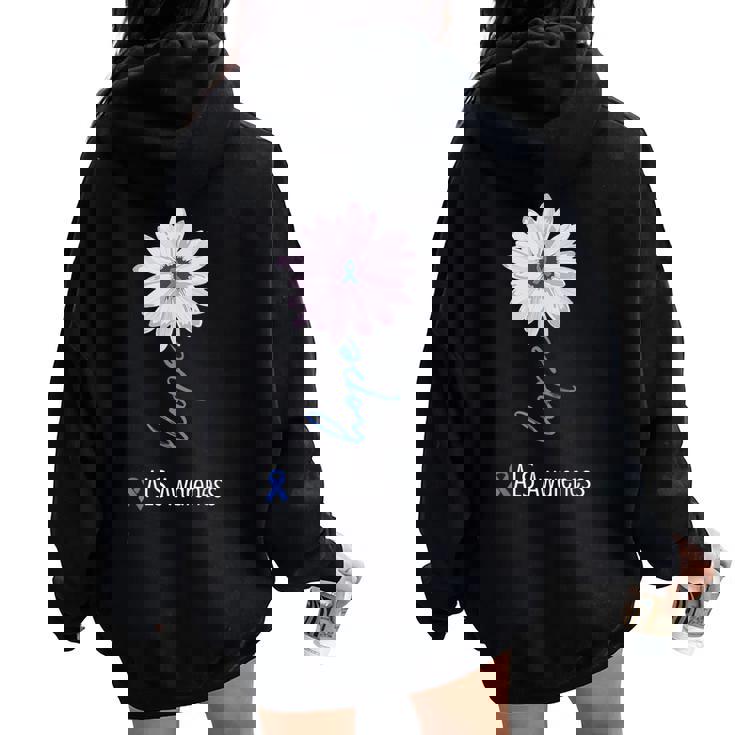 Als Awareness Month Blue Sunflower Ribbon Als Warrior Women Oversized Hoodie Back Print
