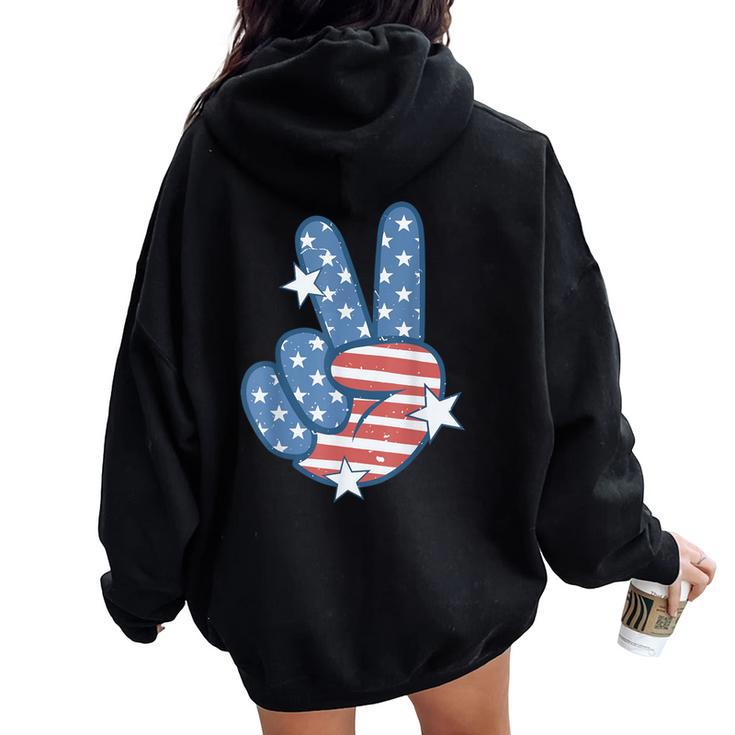 American Flag Peace Sign Hand 4Th Of July Women Women Oversized Hoodie Back Print