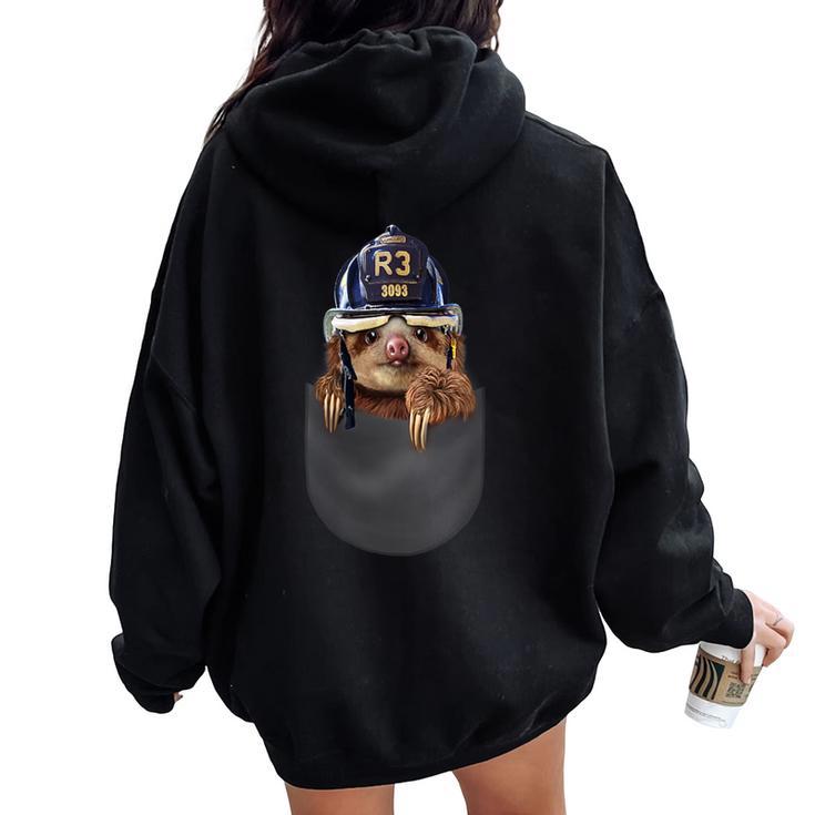 Baby Sloth In Fireman Helmet Pocket Women Oversized Hoodie Back Print