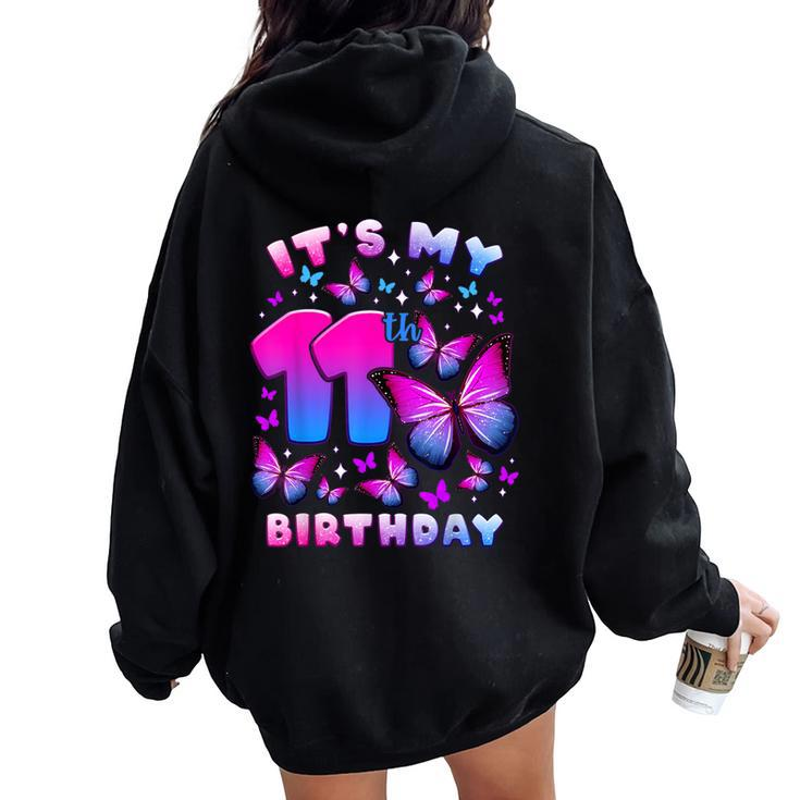 Birthday Girl 11 Year Old Butterfly Number 11 Women Oversized Hoodie Back Print