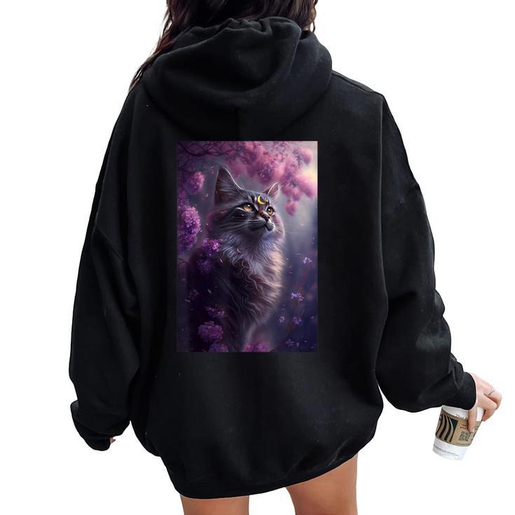 Boho Black Cat Retro Witchy Crescent Moon Purple Lavender Women Oversized Hoodie Back Print