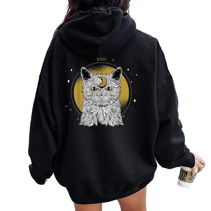 Boho Mystical Feathers Cat Moon Phases Cats Lovers Women Oversized Hoodie Back Print