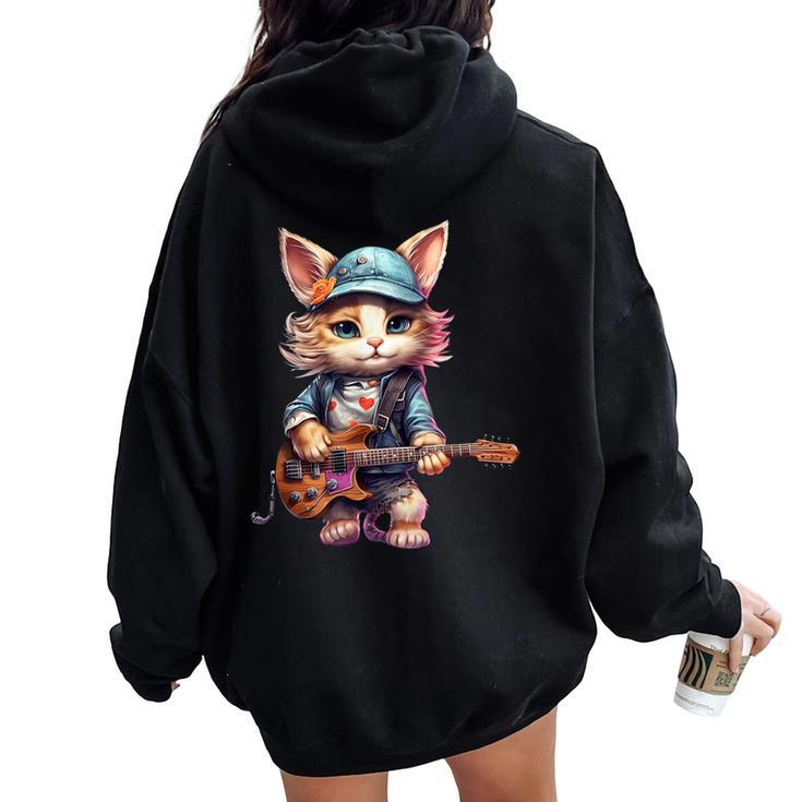 Cat Kitten Guitar Player Guitarist Mom Girl N Women Oversized Hoodie Back Print