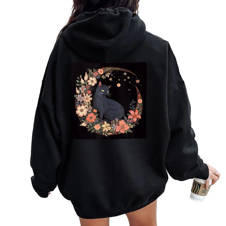 Cat Moon Floral Flowers Graphic Women Oversized Hoodie Back Print