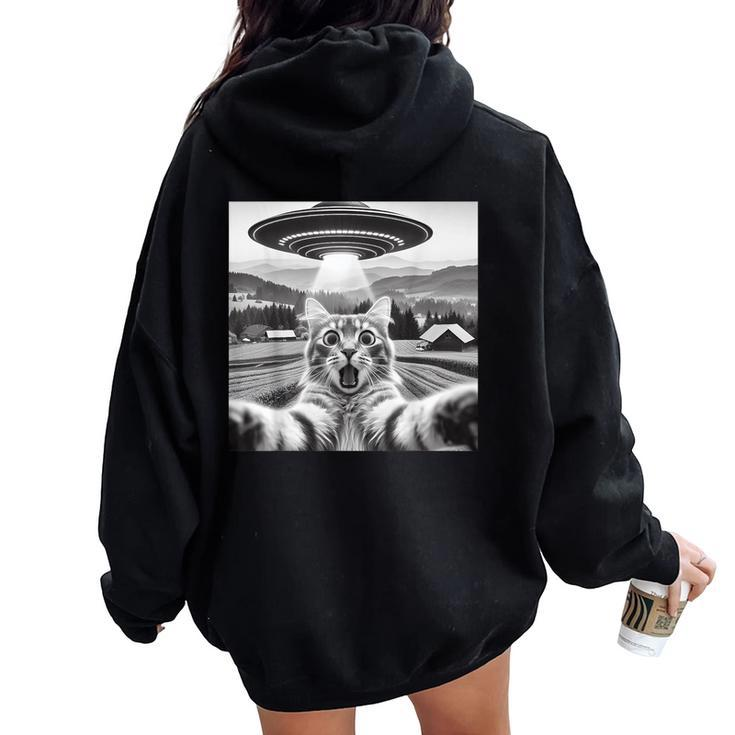 Cat Selfie With Alien Ufo Cat For Kid Women Oversized Hoodie Back Print