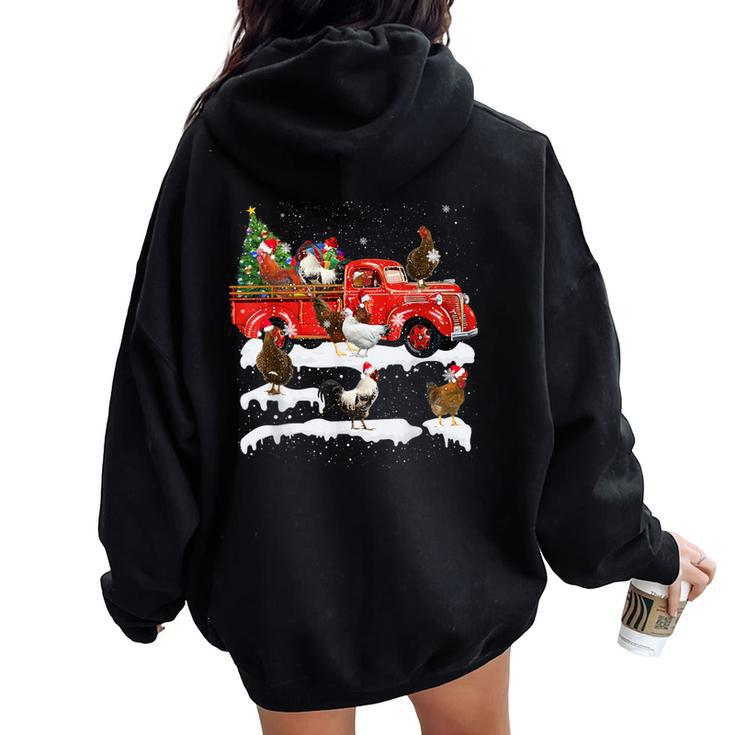 Chicken Riding Red Truck Merry Christmas Farmer X-Mas Ugly Women Oversized Hoodie Back Print