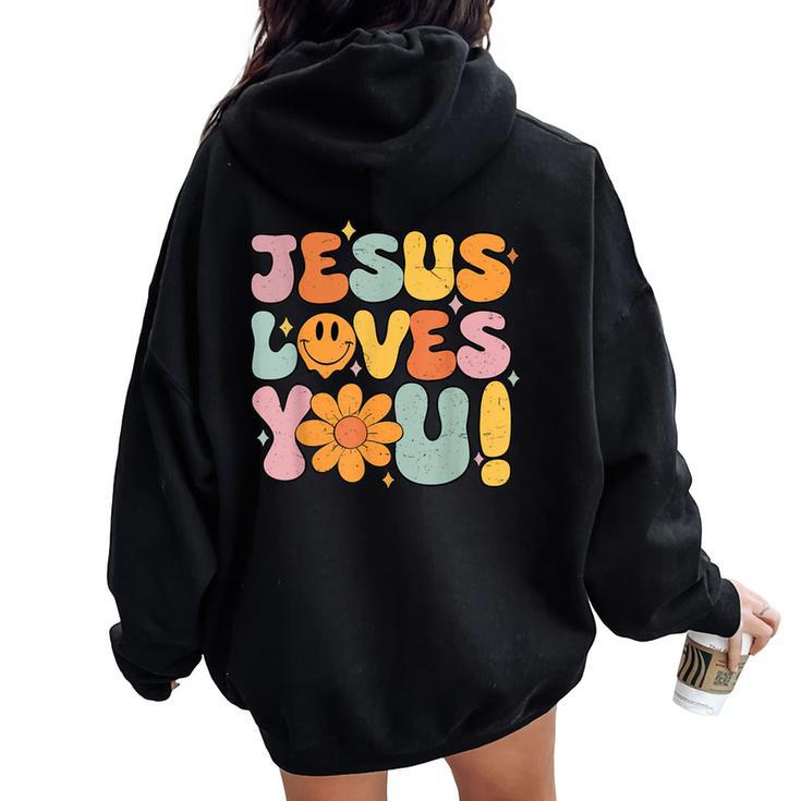 Christian Jesus Loves You Groovy Vintage Cute Kid Girl Women Women Oversized Hoodie Back Print