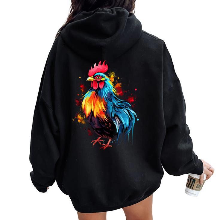 Cool Chicken On Colorful Painted Chicken Women Oversized Hoodie Back Print