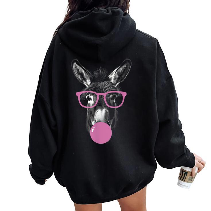 Cool Donkey Face Eating Gum And Makes A Bubble Cute Donkey Women Oversized Hoodie Back Print