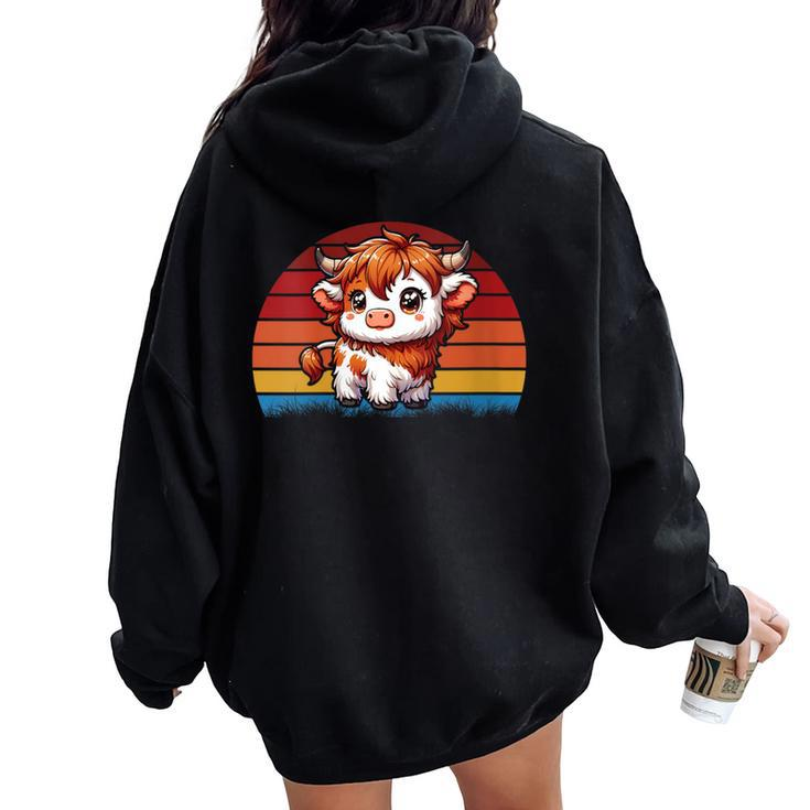 Cute Baby Highland Cow With Vintage Sunset Animal Cow Women Women Oversized Hoodie Back Print