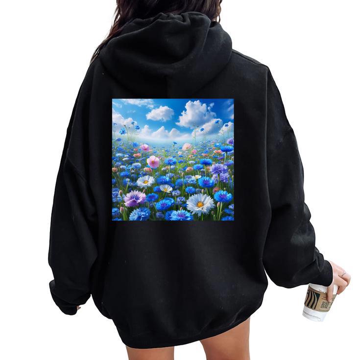 Cute Blue Floral Flowers Blossom Field Women Oversized Hoodie Back Print