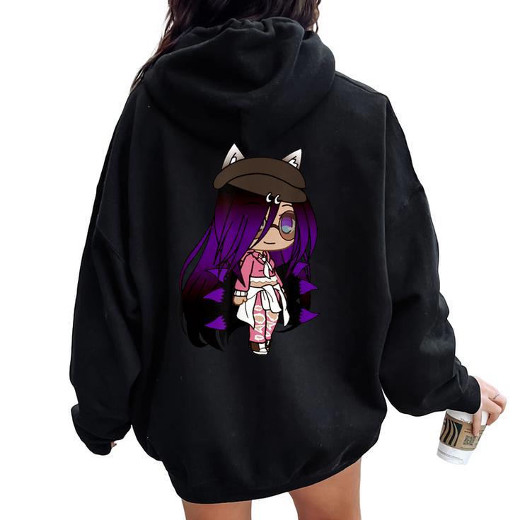 Cute Chibi Style Kawaii Anime Girl With Fox Ears And Tails Women Oversized Hoodie Back Print