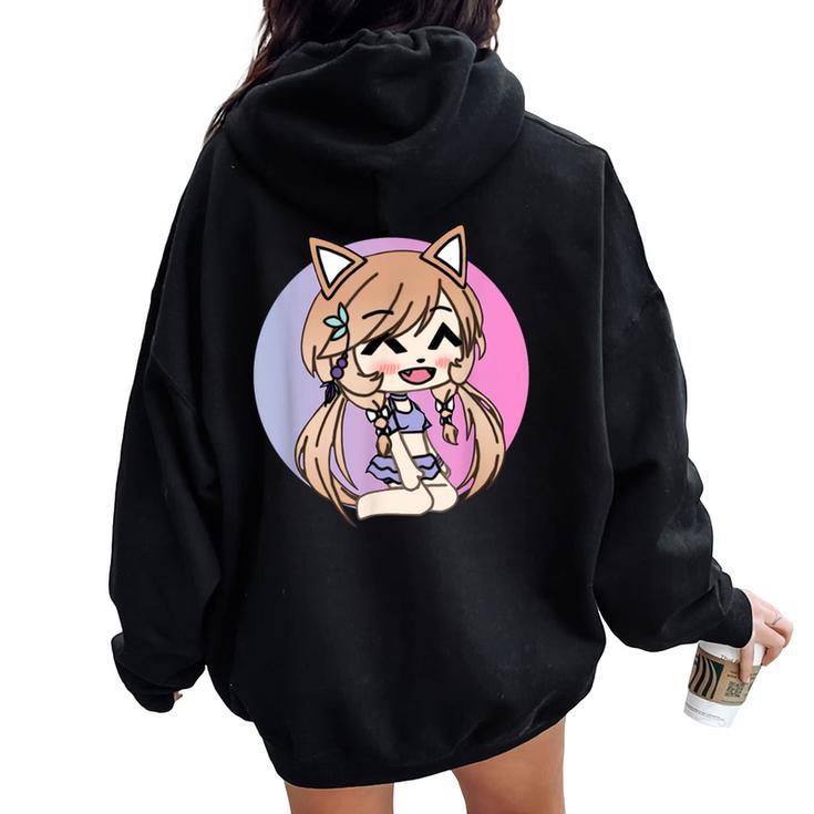 Cute Chibi Style Kawaii Anime Kitty Girl Chan With Cat Ears Women Oversized Hoodie Back Print