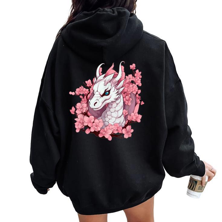 Cute Dragon With Cherry Blossoms I Girl Dragon Women Oversized Hoodie Back Print