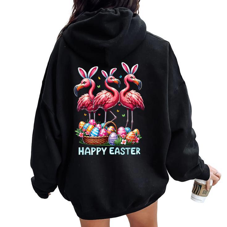 Cute Flamingo With Easter Bunny Egg Basket Happy Easter Women Oversized Hoodie Back Print