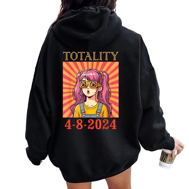 Cute Girl & Solar Glasses Seeing Totality Solar Eclipse 2024 Women Oversized Hoodie Back Print