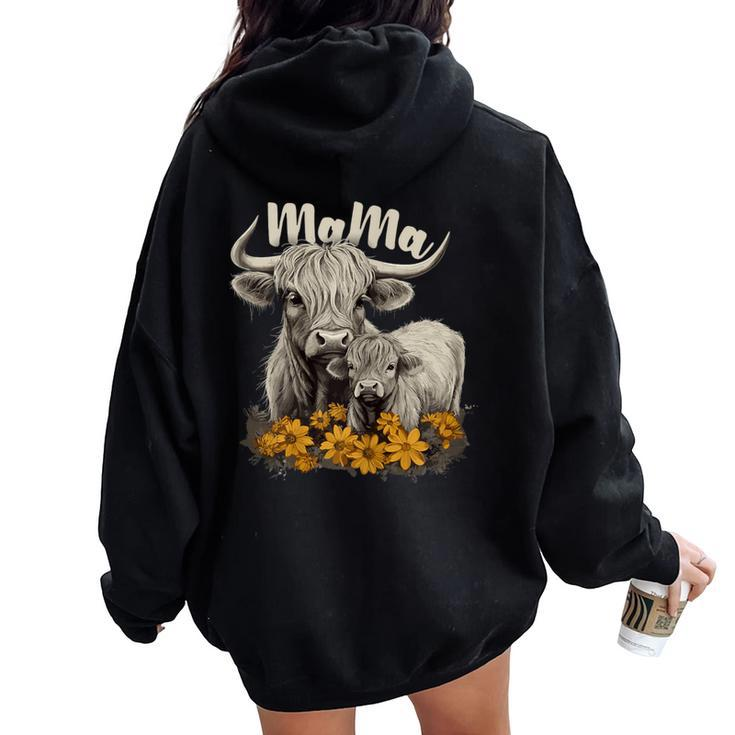 Cute Mama Highland Cow With Baby Calf Flower Cool Animal Women Oversized Hoodie Back Print